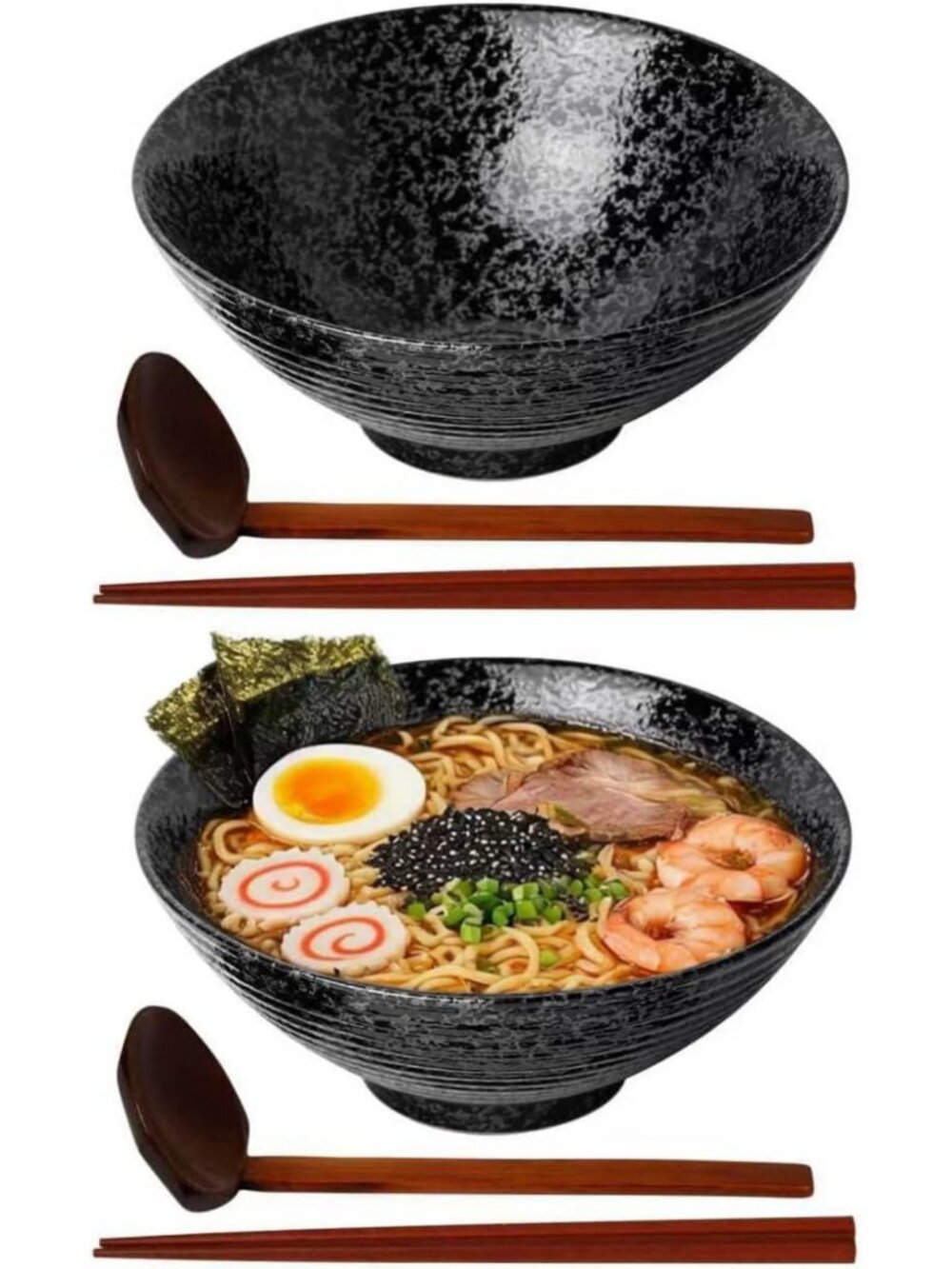 Set of 2 Ceramic Ramen Bowls with Spoons & Chopsticks - 60oz Noodle Soup Set